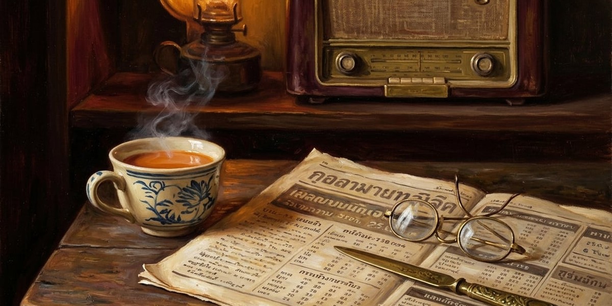ภาพวาดสไตล์คลาสสิกของการตรวจผลหวย ประกอบด้วยหนังสือพิมพ์เก่าและกระดาน